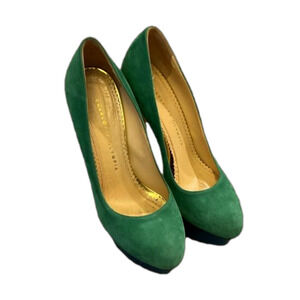 Charlotte Olympia Kelly Green Leather Suede Platform Pumps Shoes Heels 38 LK NEW